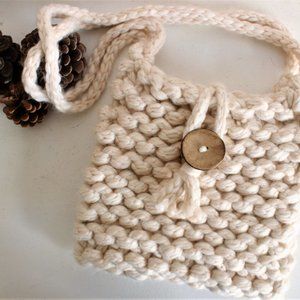 Handknit Tote Bag, Extra Chunky Ivory Yarn Knit, Vintage Wooden Button